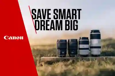 Canon-objektiiveja kesälaitumella. Teksti: "Canon - Save smart, dream big."