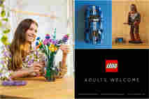 Nainen hymyilemässä LEGO-kukille. Teksti: "LEGO - adults welcome". LEGO-Chewbacca Star Warsista. LEGO-urheiluauto.