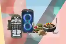 Vappuinen V-logo. Kuvassa piknik-laukku, JBL bluetooth-kaiutin, shampanjalasi, ruokaa ja pieni grilli, sekä reikäkauha.