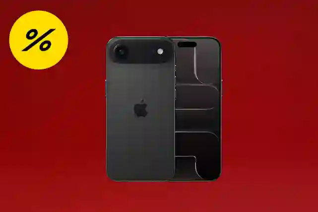 Musta Apple iPhone Air punaisella taustalla. Alennusmerkki näkyvissä.