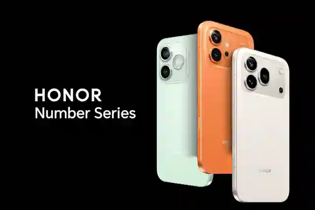 Three Honor smartphones in mint green, orange, and white on a black background. Text: HONOR number series.