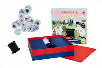 Muumi taikurin hattu -muistipeli. Muistikortteja muumihahmoilla, jotka piilotetaan taikurin hatun alle.