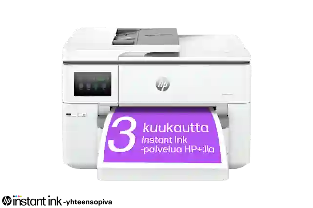 HP OfficeJet Pro 9730e Wide Format All-in-One -A3 monitoimitulostin edestä päin. ekstinä "Instant Ink -yhteensopiva. 3 kuukautta Instant Ink -palvelua HP+:lla."