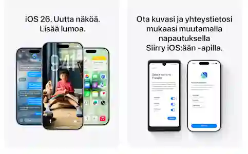 iOS 26 update showcased on iPhones and other phones with the Android to iOS transfer feature on screen.