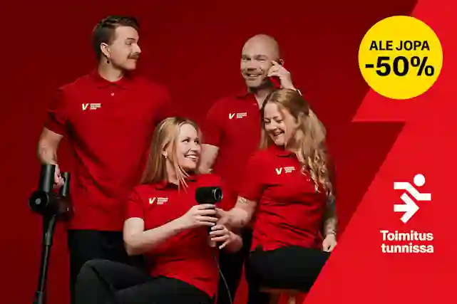 Verkkokauppa.comin työntekijöitä ryhmäkuvassa, ja heillä on kuvassa käsissään erilaisia arjen koneita ja laitteita. Paluu arkeen ALE jopa -50 %. Toimitus tunnissa