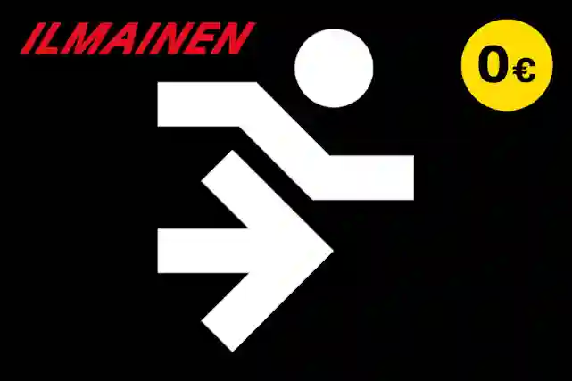 Ilmainen toimitus tunnissa. Tekstin vieressä nuolen osoittamaan suuntaan vauhdikkaasti liikkuva hahmo. Kuvan tausta musta, oikeassa laidassa suuri punainen salama. Tekstin fontti on viistossa hahmon kulkusuuntaan.