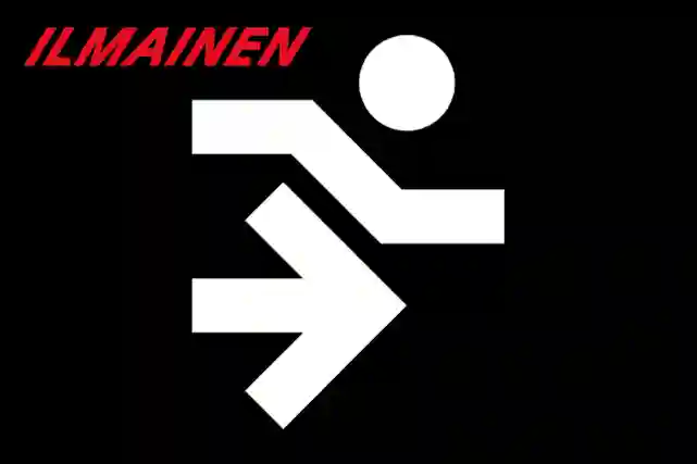 Ilmainen toimitus tunnissa. Tekstin vieressä nuolen osoittamaan suuntaan vauhdikkaasti liikkuva hahmo. Kuvan tausta musta, oikeassa laidassa suuri punainen salama. Tekstin fontti on viistossa hahmon kulkusuuntaan.