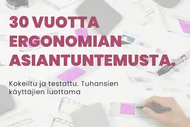 Ergonomic products on a desk. Text: 30 years of ergonomic expertise. Tried and tested. Trusted by thousands of users.