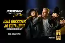 Rockstar-juomatölkki sekä suosikkiartistit Etta, Elastinen ja Cledos. Teksti: "Rockstar Energy Drink. Osta Rockstar ja voita liput. Rockstarenergy.fi/live. Rockstar Live '24 - Nokia Arena 22.5.2024."