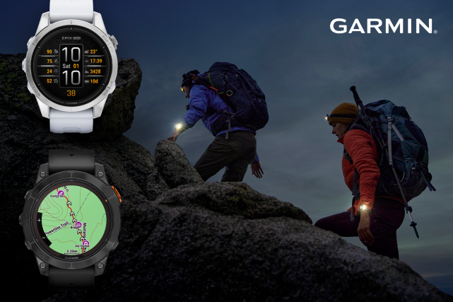 Garmin Epix Pro  ja Fenix 7 pro vuorikiipeilijöillä käytössä. Kellot valaisevat pimentyvää iltaa. Tutustu kelloihin!
