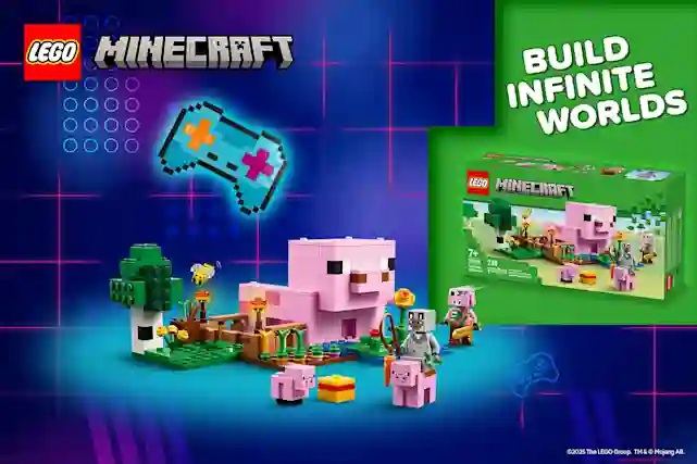 Lego Minecraft. Build infinite worlds. Kuvassa Minecraft possukylä.