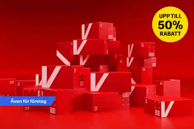 En stor hög röda Verkkokauppa.com-kartonger med en vit V-logotyp på sidan. Bredvid finns en bubbla med texten ”Rea upp till -50 %”. Gäller även företag.