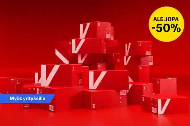 Iso kasa punaisia Verkkokauppa.com pahvilaatikoita joissa on valkoinen V-logo sivussa. Vieressä pallura, jossa teksti:"Ale jopa -50 %". Myös yrtyksille.