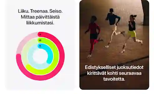Tre löpare tränar inomhus, bredvid Apple Fitness+ aktivitetsringar och text om daglig rörelse.
