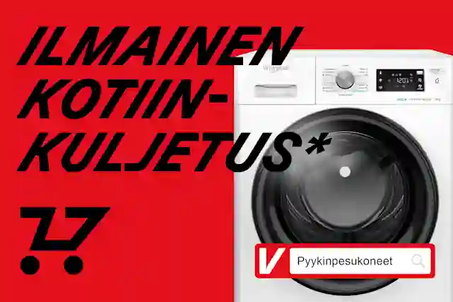 Teksti:"Ilmainen kotiinkuljetus*". Alapuolella ostoskärry-ikoni. Vieressä hakupalkki, jossa teksti:"Pyykinpesukoneet". Taustalla pyykinpesukone.