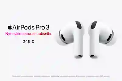Apple AirPods Pro 3 -langattomat nappikuulokkeet valkoisena. Nyt sykkeentunnistuksella. 249 euroa.