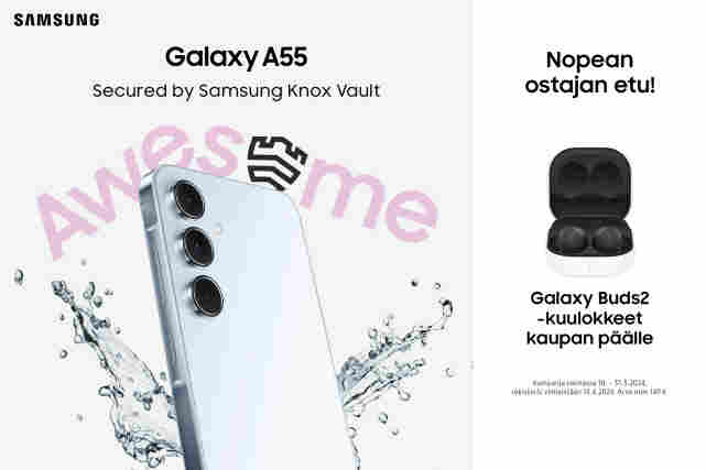 Samsung-puhelin ja -nappikuulokkeet. Teksti:"Samsung Galaxy A55. Secured by Samsung Knox Vault. Nopea ostajan etu! Galaxy Buds2 -kuulokkeet kaupan päälle.""
