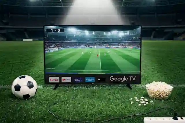 Google TV -televisio näyttää jalkapallo-ottelua stadionilla, vieressä jalkapallo ja popcornkulho nurmikolla.