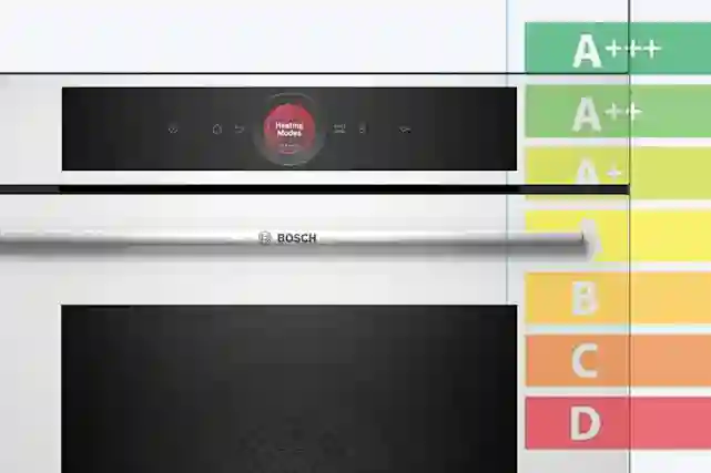 Digital kontrollpanel på Bosch-ugn som visar uppvärmningslägen och energiklass A+++.