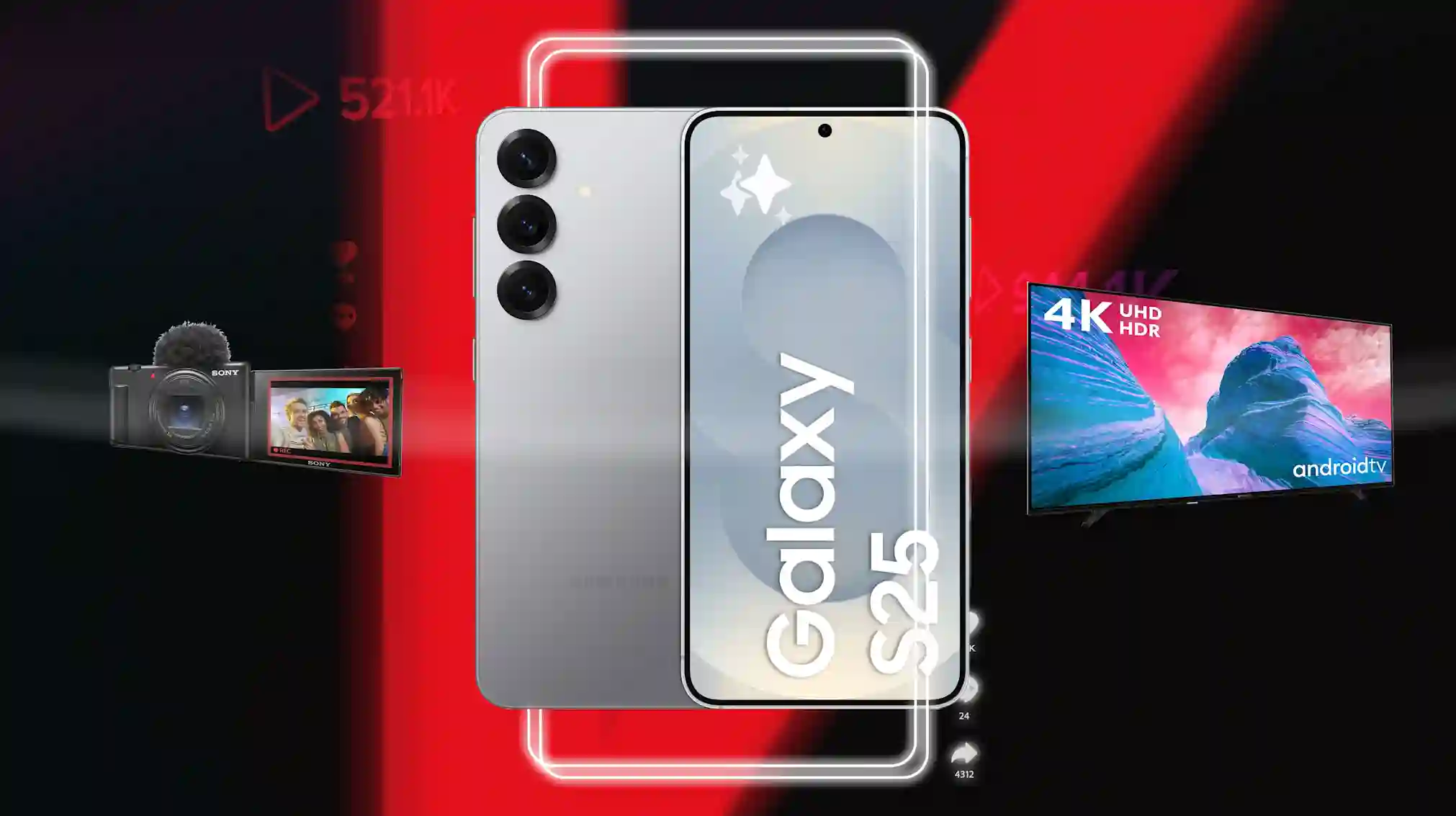 Samsung Galaxy S25 -puhelin tulee näytöstä ulos. TAustalla punainen V-logo ja vieressä tykkäys, kommentoi ja jaa -nappulat.
