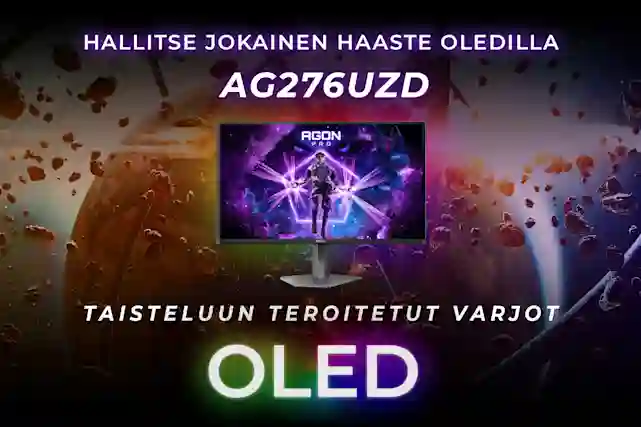 Agon by AOC - hallitse jokainen haaste Oledilla. Taisteluun teroitetut varjot. Kuvassa tekstin lisäksi Agon by AOC -pelinäyttö.