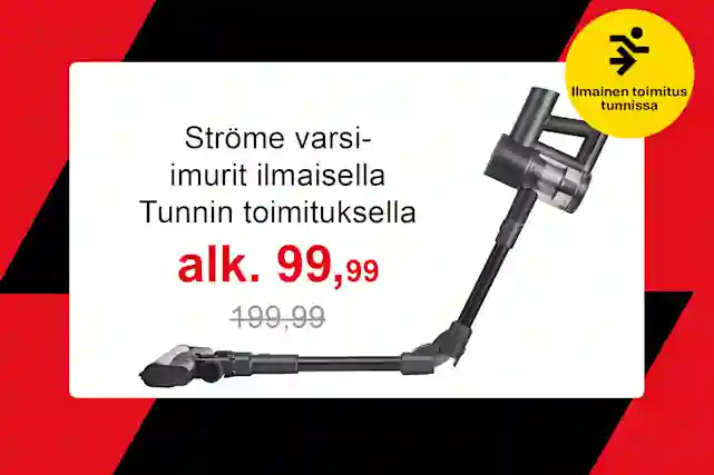 Ströme varsi-imurit ilmaisella Tunnin toimituksella! alk. 99 € (norm. 199 €). Tekstin reunaa myötäillen kuva ströme flexmate taittuvasta varsi-imurista.