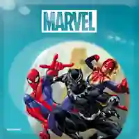 Marvel-logo ja Spider-man, Musta Pantteri ja Kapteeni Marvel syöksymässä taisteluun.