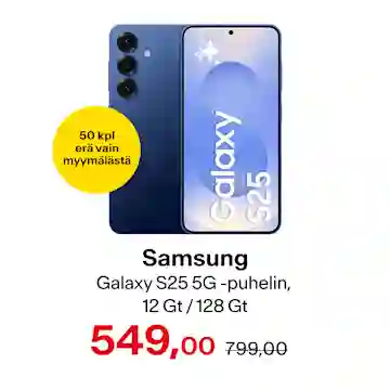 Samsung Galaxy S25 5G puhelin, 128/12 Gt, Navy. 549 € norm. 799 €. 50 kpl erä vain myymälästä.