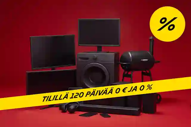 Kodinelektroniikkaa ja grilli punaisella taustalla. Tilillä 120 päivää 0 € ja 0 % -tarjous.