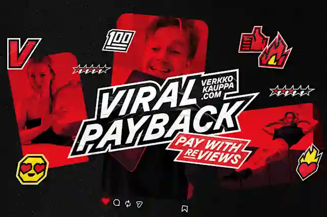 Viral Payback -kampanja: maksa arvosteluilla. Nuoria ihmisiä punaisella taustalla, V-logo ja ikoneja.