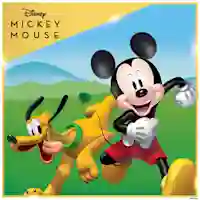 Disney Mikki Hiiri ja Pluto leikkivät yhdessä vihreällä nurmikolla sinisen taivaan alla.