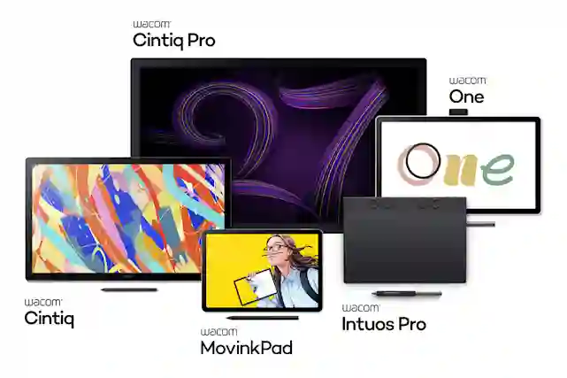 Wacom's drawing tablet lineup: Cintiq Pro, Cintiq, MovinkPad, Intuos Pro, and One displays and drawing tablets.