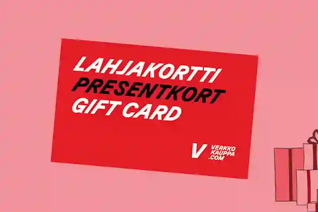 Punainen Verkkokauppa.com-lahjakortti vaaleanpunaisella taustalla, jossa piirrettyjä lahjapaketteja.