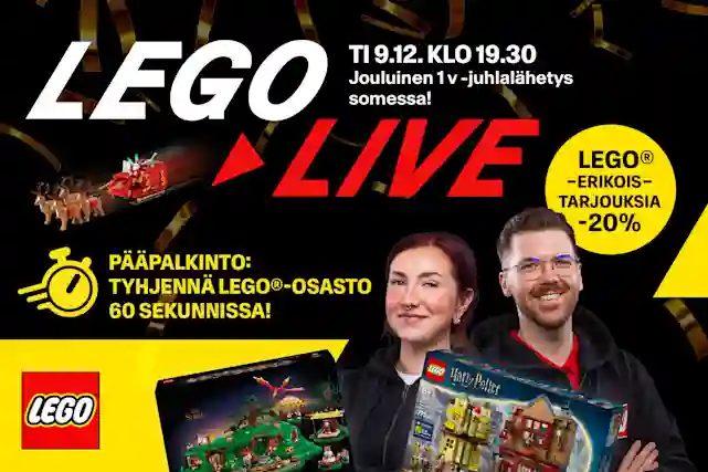 LEGO LIVE – Ti 9.12. Klo 19.30 Jouluinen Tv-ljuhlalähetys somessa! LEGO -erikoistarjouksia -20 %.