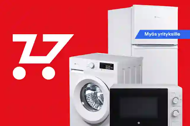 Kolme valkoista kodinkonetta punaisen taustan edessä. Jääkaappipakastin, pyykin pesukone ja mikroaaltouuni. Vieressä ilmaisen toimituksen logo, sekä laatikossa teksti:"Myös yrityksille".