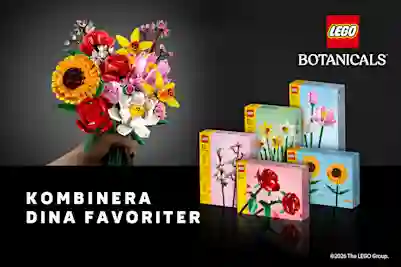 LEGO Botanicals-bukett och produktförpackningar med solrosor, rosor, tulpaner och körsbärsblommor.