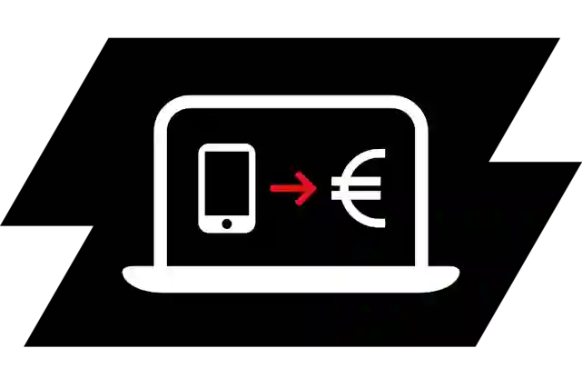 En dator med en skärm som visar en telefon som förvandlas till euro.