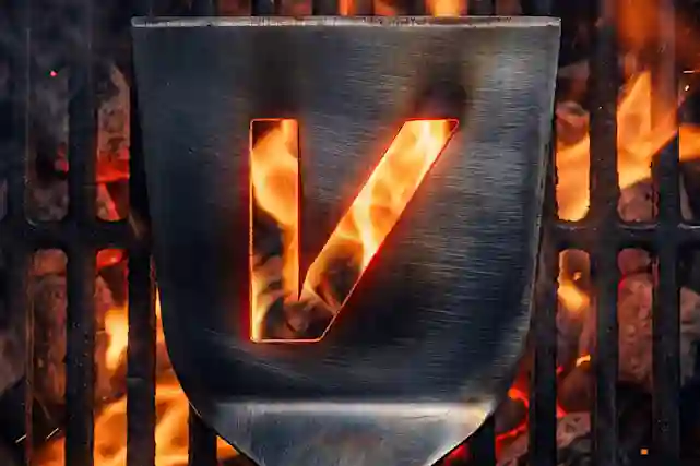 V-logo joka on tehty lastaan ja siitä näkyy läpi alapuolella tulessa olevat hiilet. Grillien on siis kuumana. Mitä odottelet! Ostoksille!