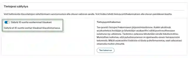 Vihreä suorakaide näyttää asetukset välilehdessä kohdan mistä painetaan päälle oikea täppä millä säilytetään ostohistoria. Täpän vieressä teksti:"Säilytä