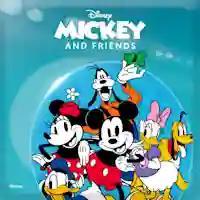 Disney Mickey and friends -logo. Vieressä Mikki Hiiri ystävineen. Tutustu!