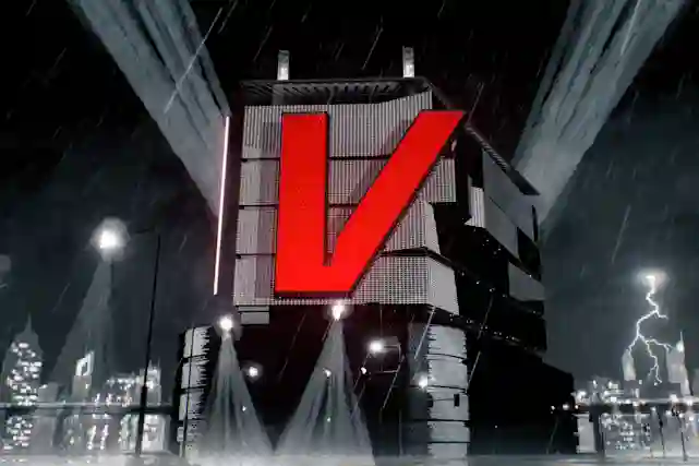 Iso punainen V-logo talon kyljessä.