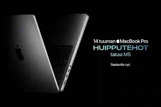 Teksti:"14 tuuman MacBook Pro huipputehot takaa M5. "Saatavilla nyt." Vieressä uusi MacBook Pro, joka muodotaa V-kirjaimen.