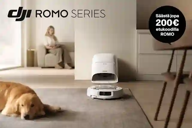 DJI-logo. Vieressä teksti:"ROMO Series". Pallura oikeassa yläkulmassa, jossa teksti:"Säästä jopa 200 € etukoodilla ROMO". Kuvassa alapuolella keittiössä siivoava valkoinen robotti-imuri ja koira.