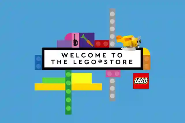 LEGO-palikoista rakennettu kyltti, jossa lukee:"Welcome to the LEGO store". Yläpuolella lentää pieni keltainen lego lentokone. Tervetuloa tutustumaan LEGOihin!