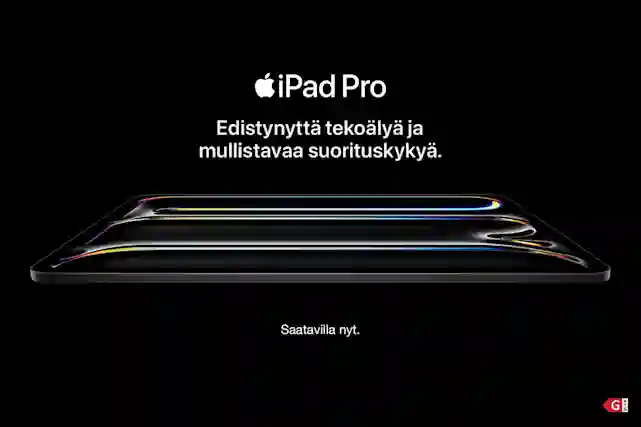Teksti:"iPad Pro. Edistynyttä tekoälyä ja mullistavaa suorituskykyä. Ennakkotilaa nyt. Saatavilla 22.10. kello 8.00.". Keskellä kuvaa uusi iPad Pro vaakatasossa.