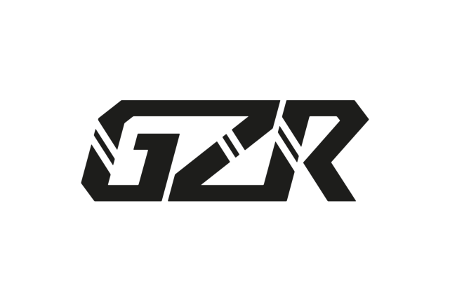 GZR-logo kaksin haaleaa pyöränrengasta taustalla.