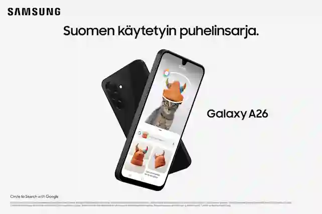 Samsung Galaxy A26. Suomen käytetyin puhelinsarja. Teksin alla kuva puhelimesta.