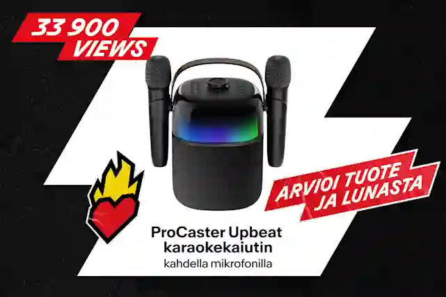 ProCaster Upbeat karaokekaiutin kahdella mikrofonilla RGB-valoilla. 33 900 katselukertaa. Arvio tuote ja lunasta.