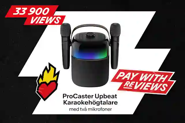 ProCaster Upbeat karaokehögtalare med två mikrofoner och RGB-belysning. 33 900 visningar. Recensera produkten och lös in.