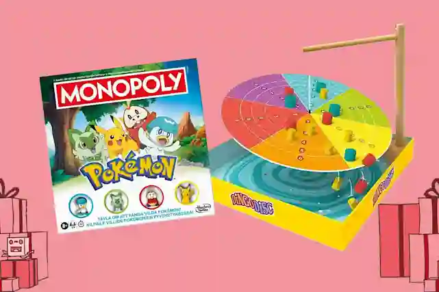 Monopoly Pokémon -lautapeli ja Ding Dong -heittopeli vaaleanpunaisella taustalla, jossa lahjapaketteja.